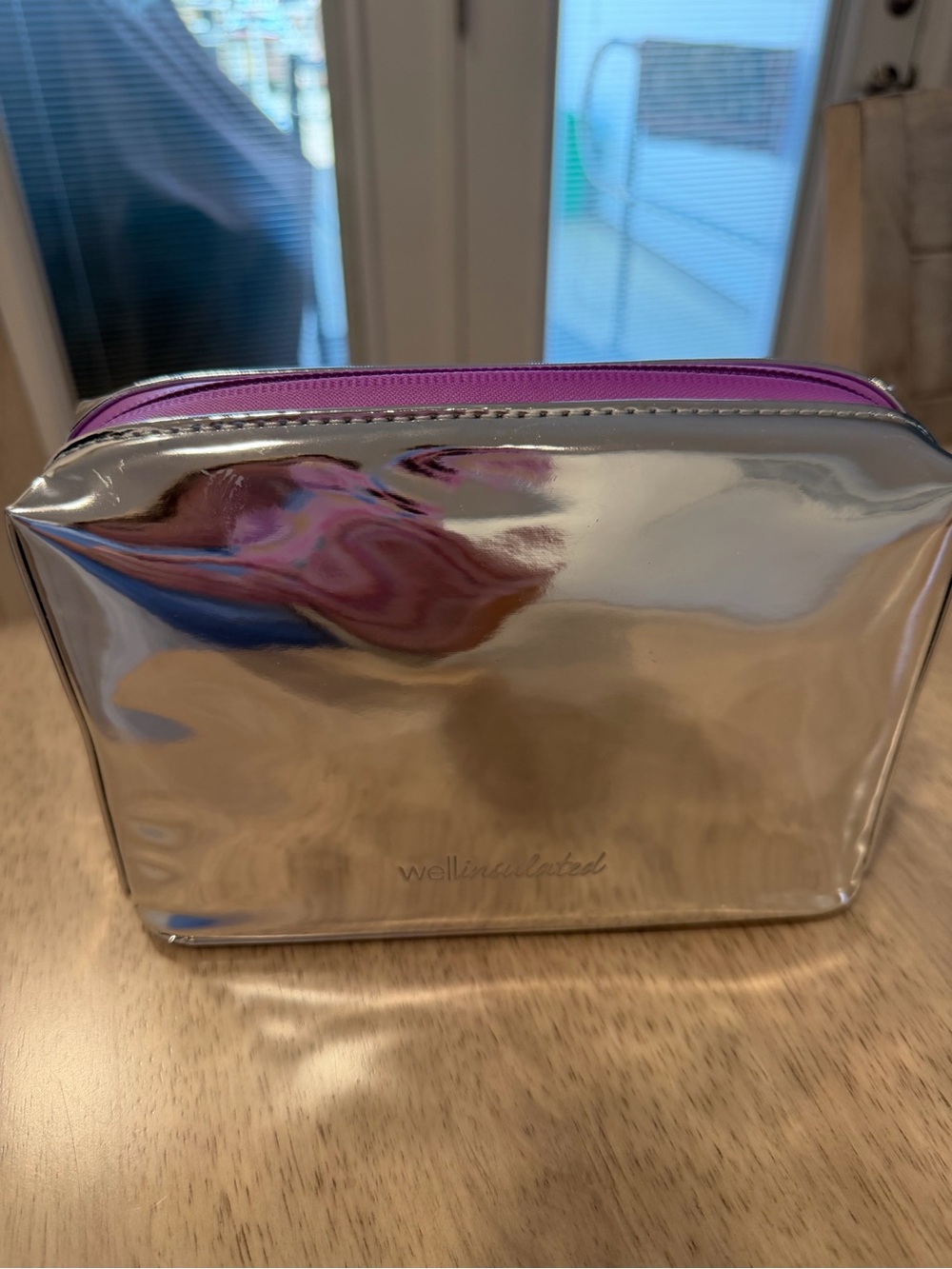Silver Cosmetic Bag with Purple Zipper